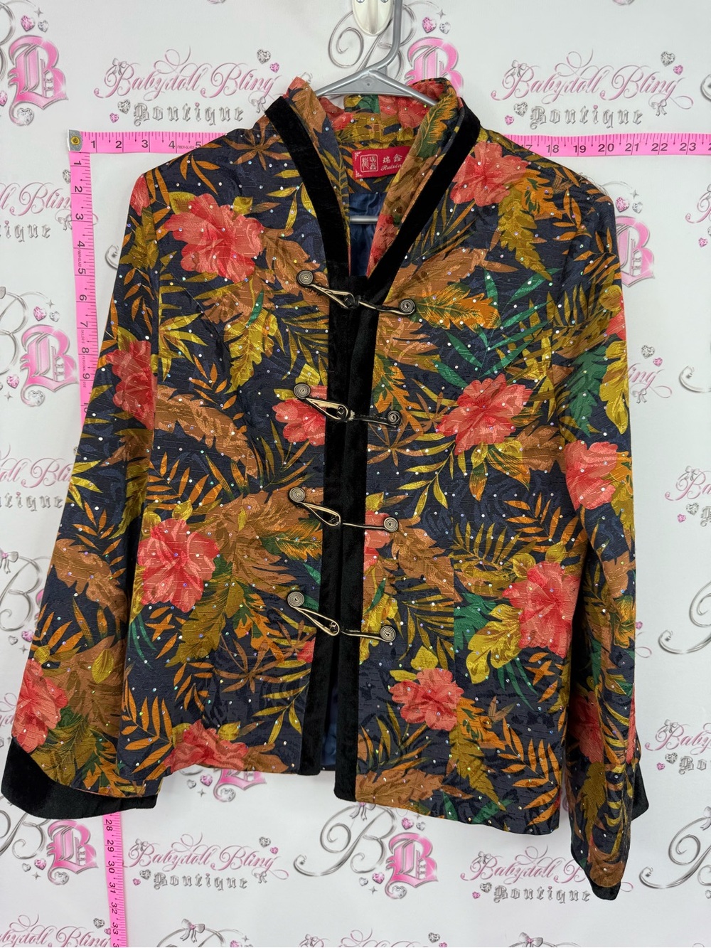 Blazer Floral Mandarin Collar Jacket - Black with Red & Green Floral